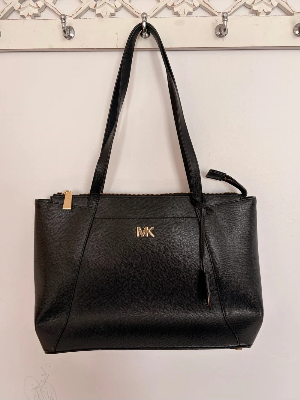Michael Kors Black Leather Tote with Gold MK Accent
